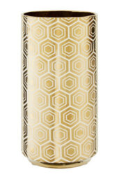 Orsina Gold Ceramic Vase With Hexagonal Pattern, Vintage Luxe Cylindrical Stoneware Vase,  Geomeric Vase