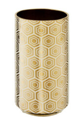 Orsina Gold Ceramic Vase With Hexagonal Pattern, Vintage Luxe Cylindrical Stoneware Vase,  Geomeric Vase - thumbnail 3