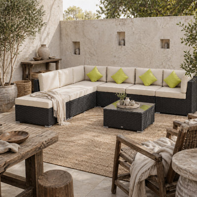 Wyld Haus Yomo 6-Seater Faux Rattan Black Outdoor Corner Sofa Set With Glass Coffee Table, 8-Piece Modular - image 1