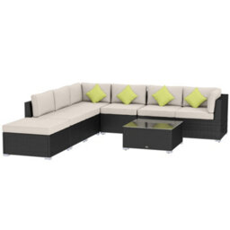Wyld Haus Yomo 6-Seater Faux Rattan Black Outdoor Corner Sofa Set With Glass Coffee Table, 8-Piece Modular - thumbnail 3