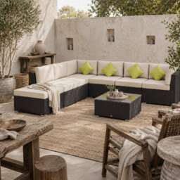Wyld Haus Yomo 6-Seater Faux Rattan Black Outdoor Corner Sofa Set With Glass Coffee Table, 8-Piece Modular - thumbnail 1