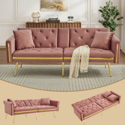 Btm Pink 2-Seater Sofa Bed With Adjustable Backrest,cup Holders, Space-Saving Convertible Sofa For Living Room & Bedroom - thumbnail 2