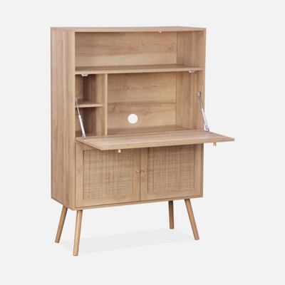 Sweeek - Secretary Desk With Wood Decor, Cane And 2 Doors Natural 90X38X138 Cm - Boheme - image 1