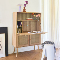 Sweeek - Secretary Desk With Wood Decor Cane And 2 Doors Natural 90X38X138 Cm - Boheme - thumbnail 6