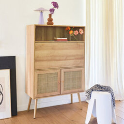 Sweeek - Secretary Desk With Wood Decor Cane And 2 Doors Natural 90X38X138 Cm - Boheme - thumbnail 7