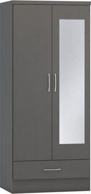 Seconique Nevada Mirrored 2 Door 1 Drawer Wardrobe In 3D Effect Grey Finish - image 1
