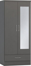 Seconique Nevada Mirrored 2 Door 1 Drawer Wardrobe In 3D Effect Grey Finish