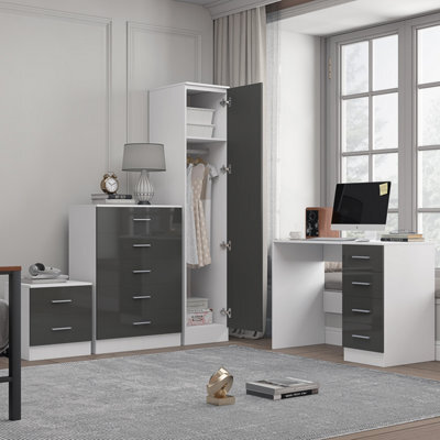 Reflect 1 Door Plain Wardrobe, 5 Drawer Chest, 2 Drawer Bedside & Desk - Grey Gloss & Matt White - Bedroom Furniture Set - image 1
