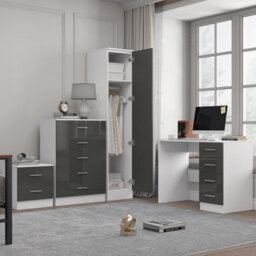 Reflect 1 Door Plain Wardrobe, 5 Drawer Chest, 2 Drawer Bedside & Desk - Grey Gloss & Matt White - Bedroom Furniture Set - thumbnail 1