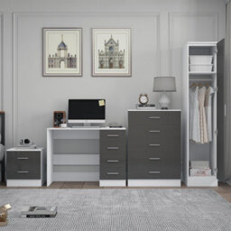 Reflect 1 Door Plain Wardrobe, 5 Drawer Chest, 2 Drawer Bedside & Desk - Grey Gloss & Matt White - Bedroom Furniture Set - thumbnail 4