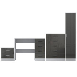 Reflect 1 Door Plain Wardrobe, 5 Drawer Chest, 2 Drawer Bedside & Desk - Grey Gloss & Matt White - Bedroom Furniture Set - thumbnail 5