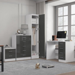 Reflect 1 Door Plain Wardrobe, 5 Drawer Chest, 2 Drawer Bedside & Desk - Grey Gloss & Matt White - Bedroom Furniture Set - thumbnail 2