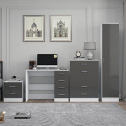 Reflect 1 Door Plain Wardrobe, 5 Drawer Chest, 2 Drawer Bedside & Desk - Grey Gloss & Matt White - Bedroom Furniture Set - thumbnail 3