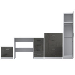 Reflect 1 Door Plain Wardrobe, 5 Drawer Chest, 2 Drawer Bedside & Desk - Grey Gloss & Matt White - Bedroom Furniture Set - thumbnail 6