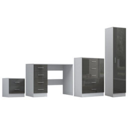 Reflect 1 Door Plain Wardrobe, 5 Drawer Chest, 2 Drawer Bedside & Desk - Grey Gloss & Matt White - Bedroom Furniture Set - thumbnail 7