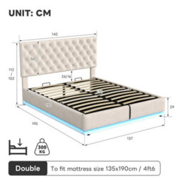 Matteo Beige Velvet Double Ottoman Bed Frame With Rgb Led Lighting & Adjustable Tufted Headboard - 4Ft6 Storage Bed - thumbnail 9
