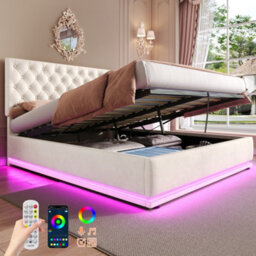 Matteo Beige Velvet Double Ottoman Bed Frame With Rgb Led Lighting & Adjustable Tufted Headboard - 4Ft6 Storage Bed