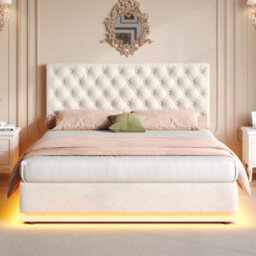 Matteo Beige Velvet Double Ottoman Bed Frame With Rgb Led Lighting & Adjustable Tufted Headboard - 4Ft6 Storage Bed - thumbnail 5
