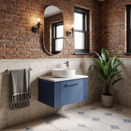 Balterley Belvide Partial Fluted 1 Drawer Wall Hung Vanity Unit With Carrera Marble Laminate Worktop - 600mm - Satin Blue - thumbnail 4