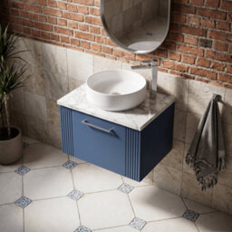Balterley Belvide Partial Fluted 1 Drawer Wall Hung Vanity Unit With Carrera Marble Laminate Worktop - 600mm - Satin Blue - thumbnail 3