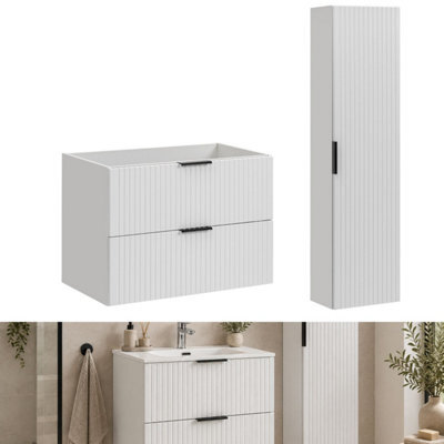 Impact Furniture Bathroom Furniture Set 800mm Vanity Unit Tallboy Wall Storage Cabinet White Ribbed Fluted Adel - image 1