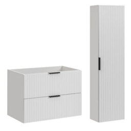 Impact Furniture Bathroom Furniture Set 800mm Vanity Unit Tallboy Wall Storage Cabinet White Ribbed Fluted Adel - thumbnail 3