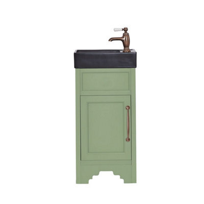 Homestylestore Pastel Green 400mm Bathroom Vanity Unit Black Basin And Aged Bronze T Bar Handle - image 1