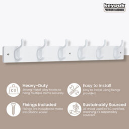 Keypak 6 White Coat Hooks On White Wooden Board - 68Cm Modern Wall Mounted Coat Rack Clothes Hanger - thumbnail 2