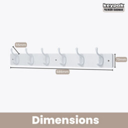 Keypak 6 White Coat Hooks On White Wooden Board - 68Cm Modern Wall Mounted Coat Rack Clothes Hanger - thumbnail 3
