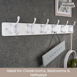 Keypak 6 White Coat Hooks On White Wooden Board - 68Cm Modern Wall Mounted Coat Rack Clothes Hanger - thumbnail 5