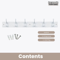 Keypak 6 White Coat Hooks On White Wooden Board - 68Cm Modern Wall Mounted Coat Rack Clothes Hanger - thumbnail 4