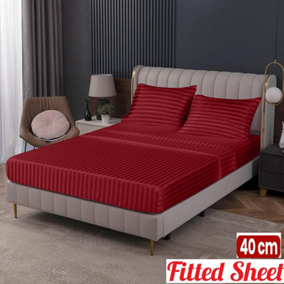 Ameha Stripe Fitted Sheet 40 Cm Deep Pocket- Hypoallergenic Easy Care Red Bed Sheets Uk Double Bedsheet(137X190Cm) - image 1