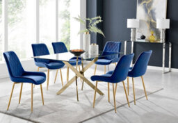 Furniturebox Uk Leonardo 6 Gold Dining Table And 6 Navy Pesaro Gold Leg Chairs