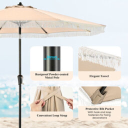 Costway 9 Ft Patio Umbrella Outdoor Tassel Parasol With Push Button Tilt Beige - thumbnail 4