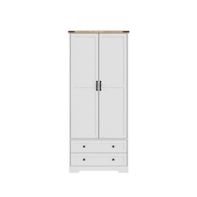 3-En-1 White 2 Door 2 Drawer Panelled Wardrobe W/ Top Hanging Rail Freestanding Storage - image 1