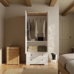3-En-1 White 2 Door 2 Drawer Panelled Wardrobe W/ Top Hanging Rail Freestanding Storage - thumbnail 5