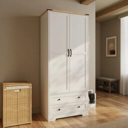 3-En-1 White 2 Door 2 Drawer Panelled Wardrobe W/ Top Hanging Rail Freestanding Storage - thumbnail 4