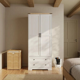 3-En-1 White 2 Door 2 Drawer Panelled Wardrobe W/ Top Hanging Rail Freestanding Storage - thumbnail 3