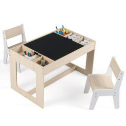 Gainoom Multifunctional Kids Natural Table & 2 Chairs Set Wooden Activity Table For Children With Removable Double-Sized Tabletop