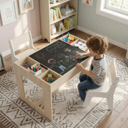 Gainoom Multifunctional Kids Natural Table & 2 Chairs Set Wooden Activity Table For Children With Removable Double-Sized Tabletop - thumbnail 3