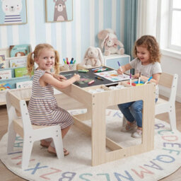 Gainoom Multifunctional Kids Natural Table & 2 Chairs Set Wooden Activity Table For Children With Removable Double-Sized Tabletop - thumbnail 5
