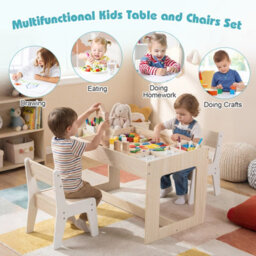 Gainoom Multifunctional Kids Natural Table & 2 Chairs Set Wooden Activity Table For Children With Removable Double-Sized Tabletop - thumbnail 7