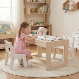 Gainoom Multifunctional Kids Natural Table & 2 Chairs Set Wooden Activity Table For Children With Removable Double-Sized Tabletop - thumbnail 4