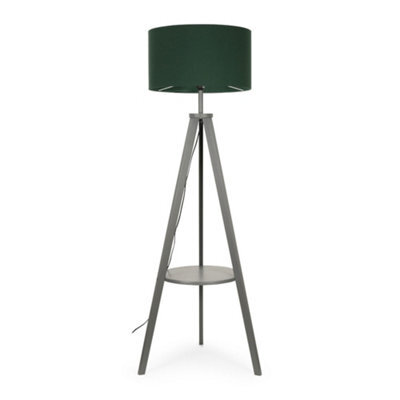 Valuelights Morrigan Grey Wood Shelf Tripod Floor Lamp With Green Drum Shade - image 1