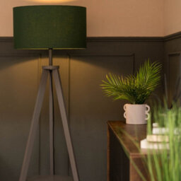 Valuelights Morrigan Grey Wood Shelf Tripod Floor Lamp With Green Drum Shade - thumbnail 2