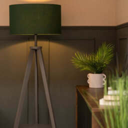 Valuelights Morrigan Grey Wood Shelf Tripod Floor Lamp With Green Drum Shade - thumbnail 6