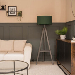 Valuelights Morrigan Grey Wood Shelf Tripod Floor Lamp With Green Drum Shade - thumbnail 5
