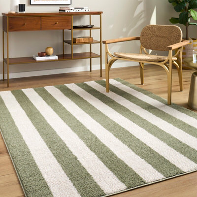 Livabliss Fossay Shaggy-Washable Cream Green Modern High Pile Striped Living Bedroom Rug 200 X 275 Cm Easy Care, Non Shedding - image 1