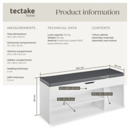 Tectake Shoe Rack Natalya - 4 Storage Spaces, Bench Seat Cushion, For 9 Pairs Of Shoes - 104 Cm - White - thumbnail 6
