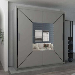 Sliding Wardrobes 4 u LTD Modern Bedroom Cabinet Sliding Wardrobe With Led Light And Central Mirror Double Door Design In White, Black & Grey - Grey 120Cm